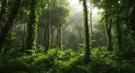 Naklejka premium Lush Green Tropical Rainforest with Sunlight Rays