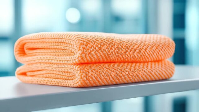 Folded orange towel, soft cotton fabric, clean and fresh, neatly stacked white shelf, modern bathroom interior, cozy and inviting, home decor