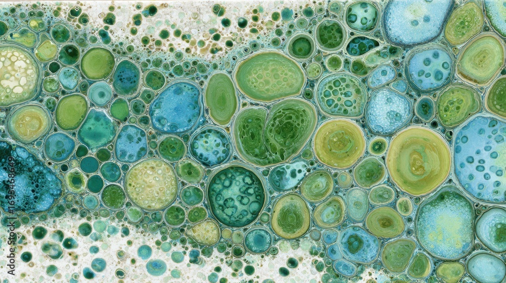 Poster Vivid display of overlapping circular shapes in various shades of green and blue, showcasing intricate textures and a harmonious composition.
