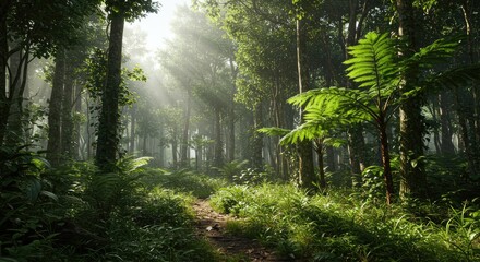Obraz premium Lush Tropical Rainforest Path with Sunbeams