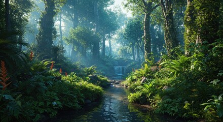 Obraz premium Lush Tropical Rainforest Stream with Waterfall and Sunlight