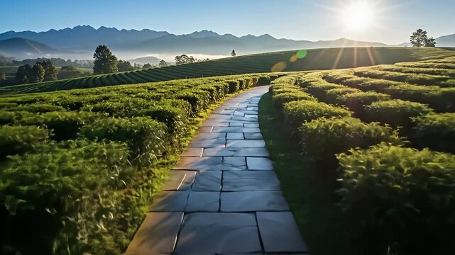 Stone path winds through manicured green field towards distant mountains under a bright sun