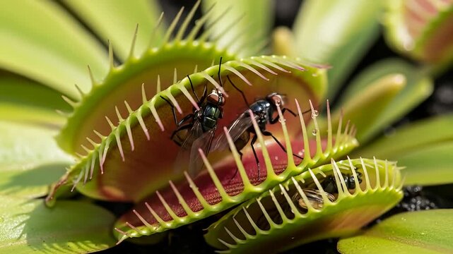 Close-up of venus flytrap catching flies; green foliage with toothy red-lined open traps
