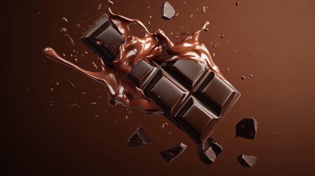 melting dark chocolate bar with dynamic creamy explosion, 3d vector illustration with smooth lighting and gradient shadows