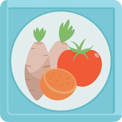 Modern vector icon of tomato, sweet potato, and scallion inside rounded square frame.