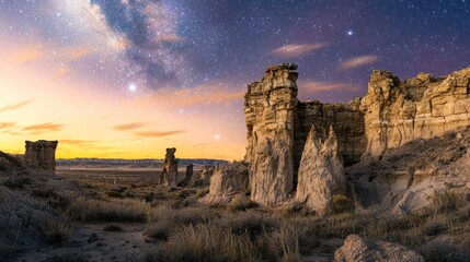 A stunning sunset over a rocky desert landscape with the Milky Way galaxy visible in the sky.