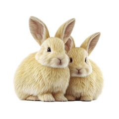 Fototapeta premium Two fluffy light yellow rabbits sitting close together with large ears