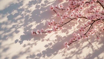 Obraz premium Cherry Blossom Branch Shadows on Pastel Wall with Soft Spring Sunlight