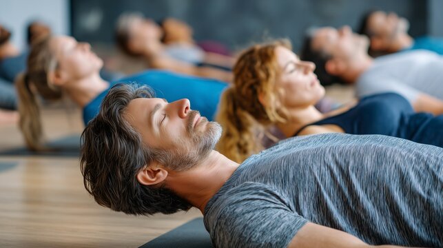 A serene stretching class with a large group of people relaxing and releasing tension