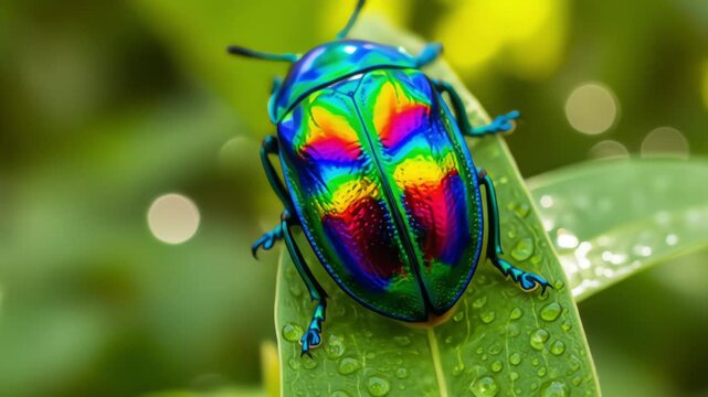 A magnificent iridescent jewel beetle with a vibrant rainbow shell crawls on a dewy green leaf