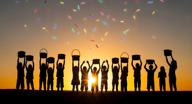 Silhouette of children raising baskets toward a glowing candy shower at sunset.