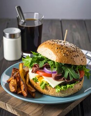 Gourmet burger with fries and coffee