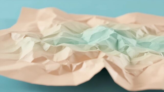 Crumpled Paper in Pastel Colors Mint and Peach on a Blue Background Abstract Texture with Folds and Creases Artistic Design Element