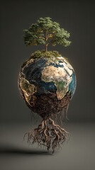 A floating globe with a tree on top and roots below symbolizes the connection between nature and the Earth.