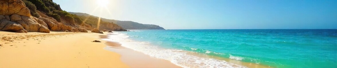 Golden sand meets turquoise water on a stunning Costa Brava beach  Sun-drenched shores, gentle waves, and a tranquil coastal scene  Perfect for travel and vacation imagery ,  picturesque,  clouds