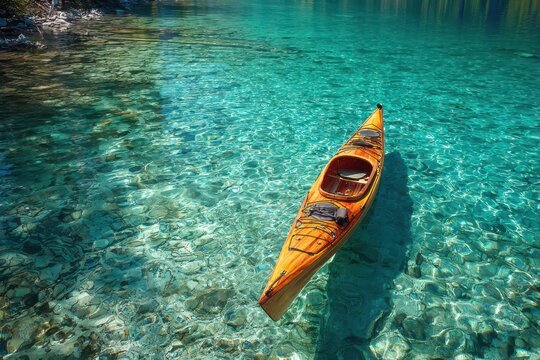 Beautiful wooden kayak floating on crystal clear turquoise lake water, revealing vibrant underwater rocks - Powered by Adobe