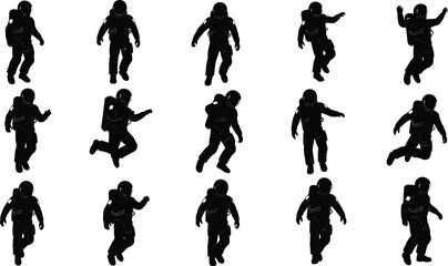 Silhouette of astronaut in space suit, floating, walking, running, cosmic exploration, galaxy adventure, black vector illustration, futuristic space concept © MstMuktarinaAkter
