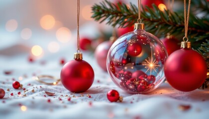 Fototapeta premium Festive red and clear glass christmas ornaments cozy home decorative photography holiday spirit close-up celebration vibes