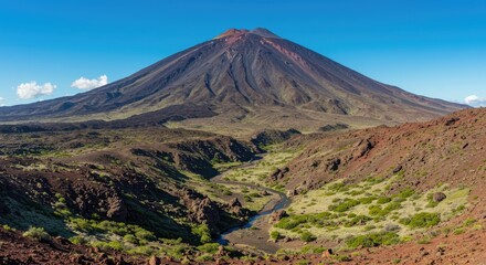 Majestic Volcano Summit with Lush Green Valley Below