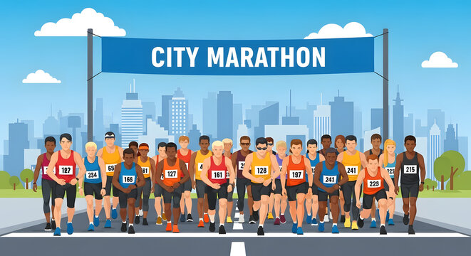 Diverse Runners at City Marathon Starting Line: Urban Race Event Illustration - Powered by Adobe