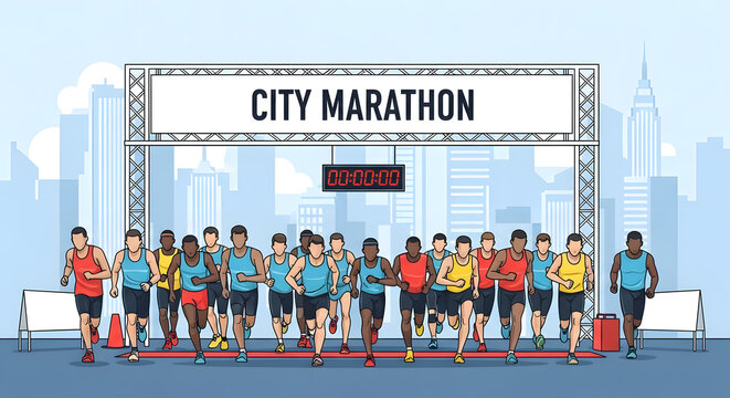Diverse Runners at City Marathon Start Line Illustration with Urban Skyline Background - Powered by Adobe