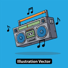 Retro boombox stereo with music notes floating around on a bright blue background, vector illustration