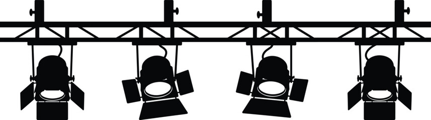 Stage lighting equipment, concert spotlights, theater illumination, professional studio lights, black silhouette, performance hall lights, event lighting design, dramatic spotlight setup