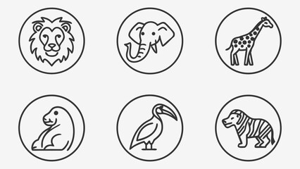 Six Circle Icons Featuring Stylized African Wildlife Animals In Outline lion elephant