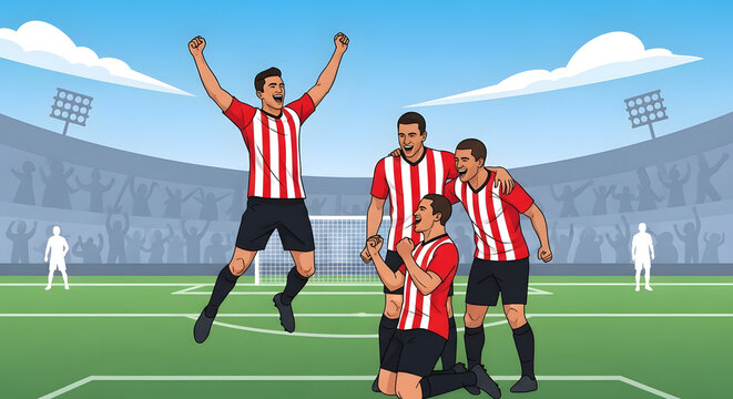 Joyful Soccer Team Celebrating Victory on Field in Stadium with Cheering Fans