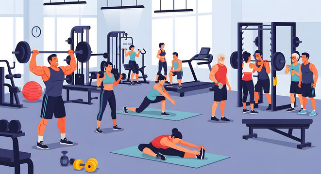 Diverse people exercising in a modern gym. Workouts include weightlifting, cardio, and stretching for a healthy lifestyle.