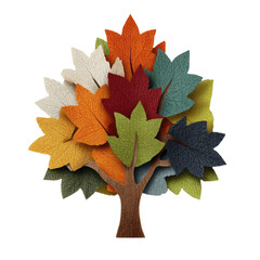 A stylized tree with numerous textured leaves in a variety of autumnal colors
