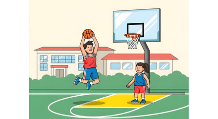 Fototapeta premium Children Playing Basketball Outdoors: Boy Jumps to Shoot Ball with Girl Watching