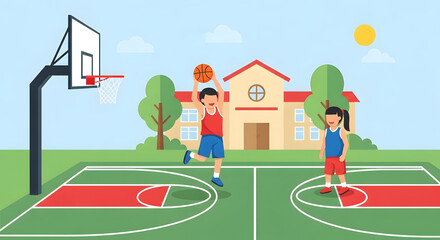 Fototapeta premium Children Playing Basketball on School Court Illustration