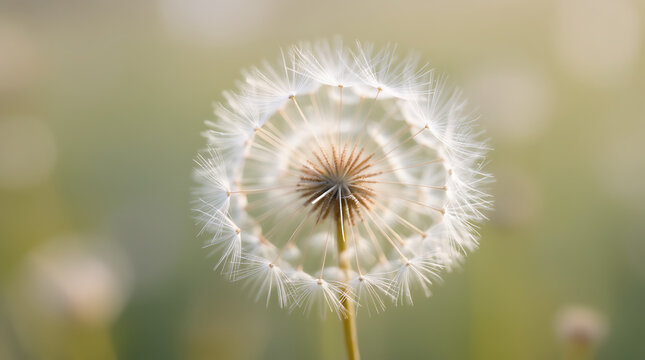 Close up of a fluffy dandelion seed head with delicate seeds and fluffy wisps catching the sunlight - Powered by Adobe