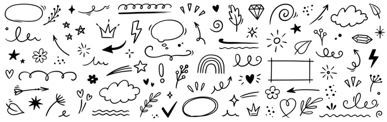 Element line decoration icon set. Hand drawn line element with cute decoration, sketch arrow, heart, flower and star. Brush stroke, nature leaf, abstract shape and doodle sticker. Vector illustration