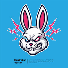 Furious bunny esports mascot head with glowing eyes and electric lightning. Fierce animal vector