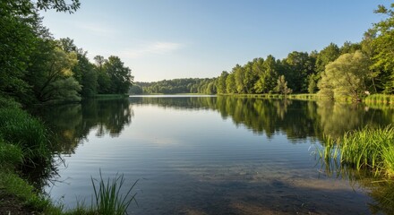 Serene Forest Lake with Calm Water Reflections