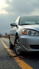 A realistic close-up of a car with a flat tire stranded on the roadside, symbolizing common vehicle breakdown issues.
