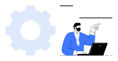 Man in formal attire working on laptop and pointing forward near gear icon. Ideal for teamwork, business strategy, innovation, digital transformation, problem-solving, organization, career growth