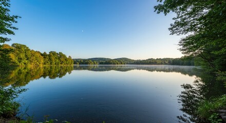 Serene Lake Reflecting Lush Green Forest and Blue Sky