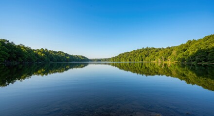 Serene Lake Reflecting Lush Green Forest Under Clear Blue Sky