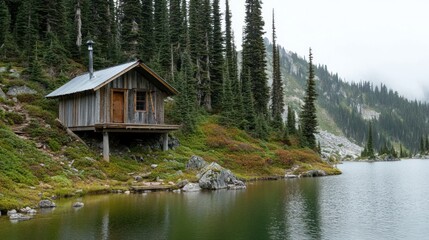 Secluded rustic cabin retreat nestled beside a tranquil lake in a mountainous evergreen forest