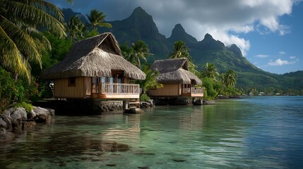 Naklejka premium Overwater bungalows in tropical lagoon with mountains
