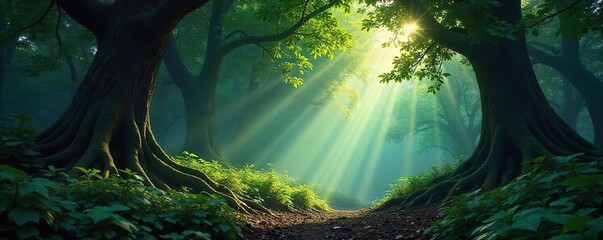 Deep shadows and dappled sunlight filter through a dense, ancient forest, creating a mystical and enchanting atmosphere  Perfect for fantasy, fairytale, or nature-themed projects ,  ethereal,  light