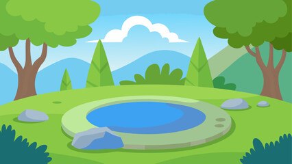Cartoon landscape with pond and trees scene
