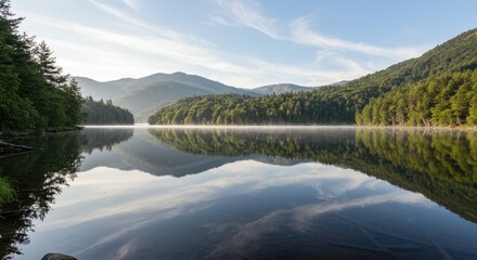 Fototapeta premium Serene Mountain Lake Reflection at Sunrise with Mist