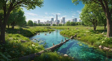 Fototapeta premium Serene Nature Meets Urban Skyline in Lush Green Landscape