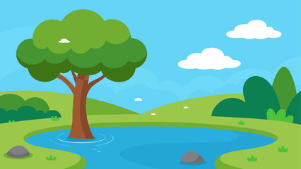 Cartoon landscape with tree and pond view