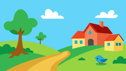 Fototapeta premium Cartoon landscape with house and blue bird