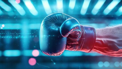Boxing glove fist punch sports competition power strength athlete action blue background determination focus energy training fitness leather hand - Powered by Adobe